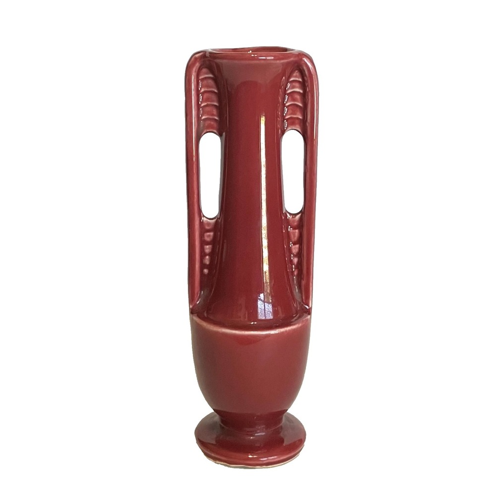 Vintage Art Deco Shawnee Pottery Double Handle Bud Vase  Burgundy  8" Tall